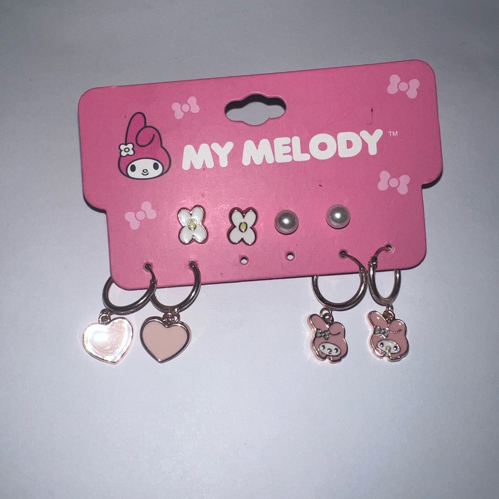 NWT sanrio earrings set of 4 my melody pearl hearts flowers card gift girls lot